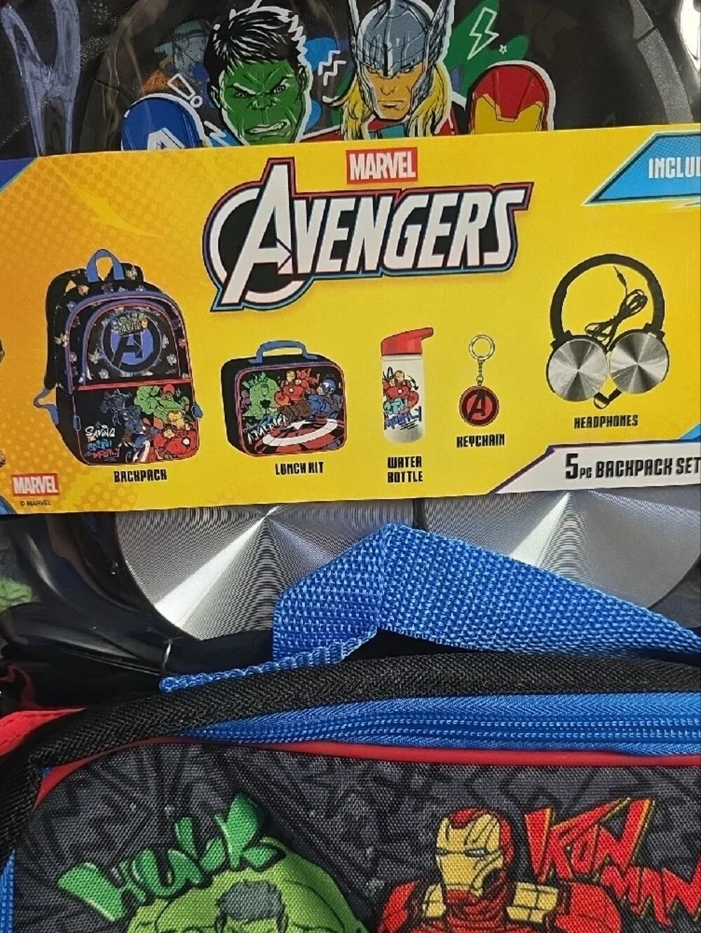 Marvel Black Backpack Set with Lunch kit, Headphones & Water Bottle